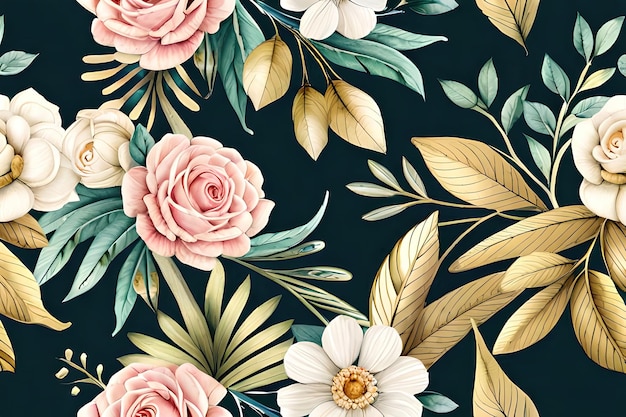 A floral wallpaper that is green and pink with a white flower and leaves.