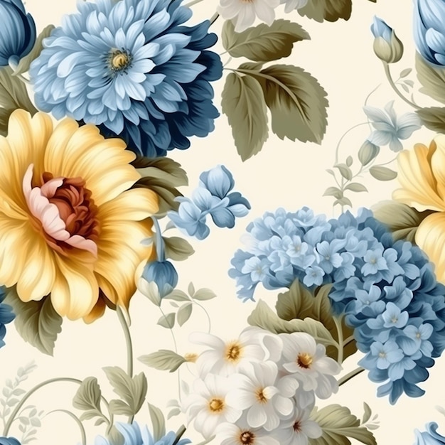 A floral wallpaper that is printed with blue and yellow flowers.