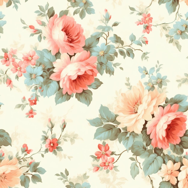 A floral wallpaper that is printed with a red and blue flower.