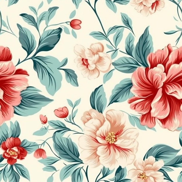 A floral wallpaper that is printed with red, blue, and green leaves.