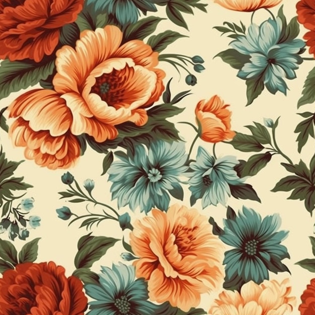 A floral wallpaper that is printed with a red flower.