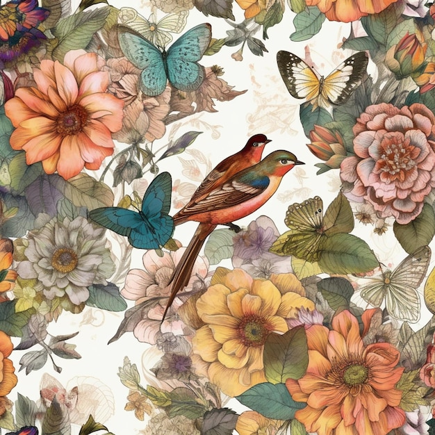 A floral wallpaper with a bird on it and a butterfly on the right.