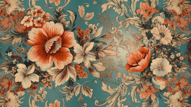 A floral wallpaper with a blue background and a red flower on the bottom.