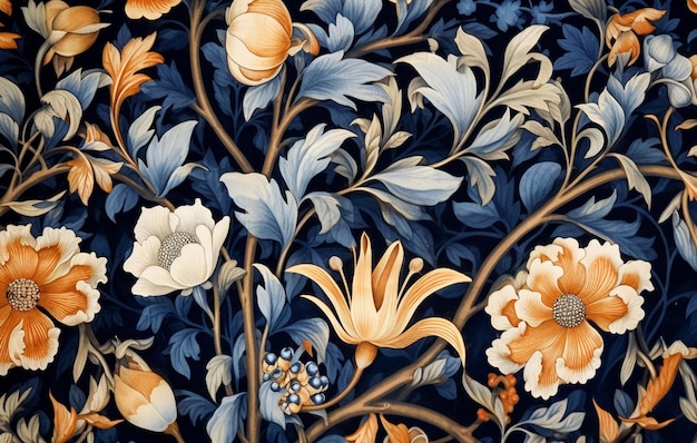 A floral wallpaper with a blue background and yellow flowers.