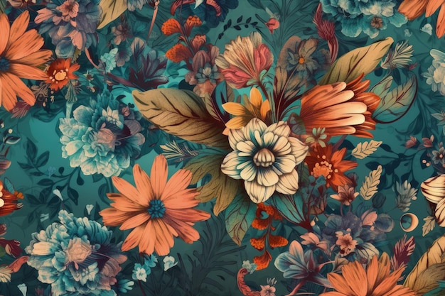 Floral wallpaper with blue and orange flowers Generative AI