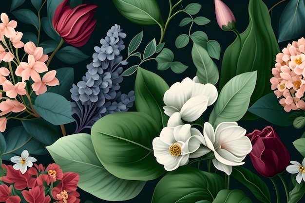 A floral wallpaper with a bouquet of flowers and leaves.