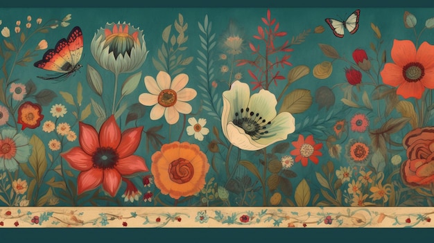 A floral wallpaper with a butterfly on it