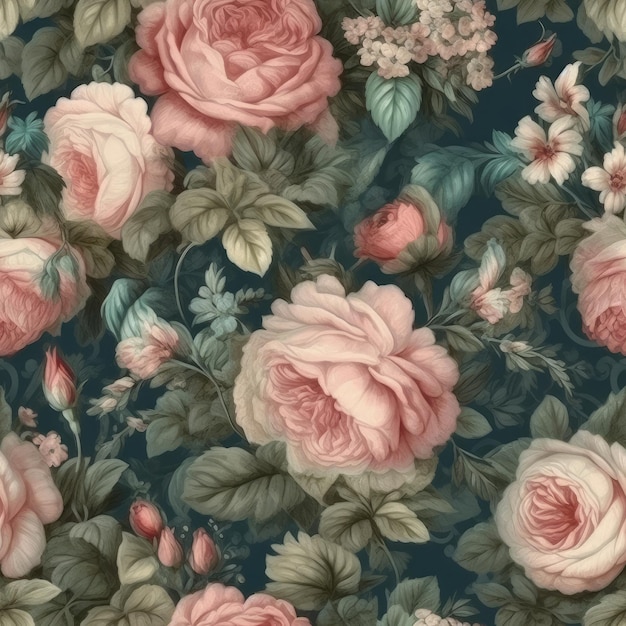 A floral wallpaper with a dark blue background.