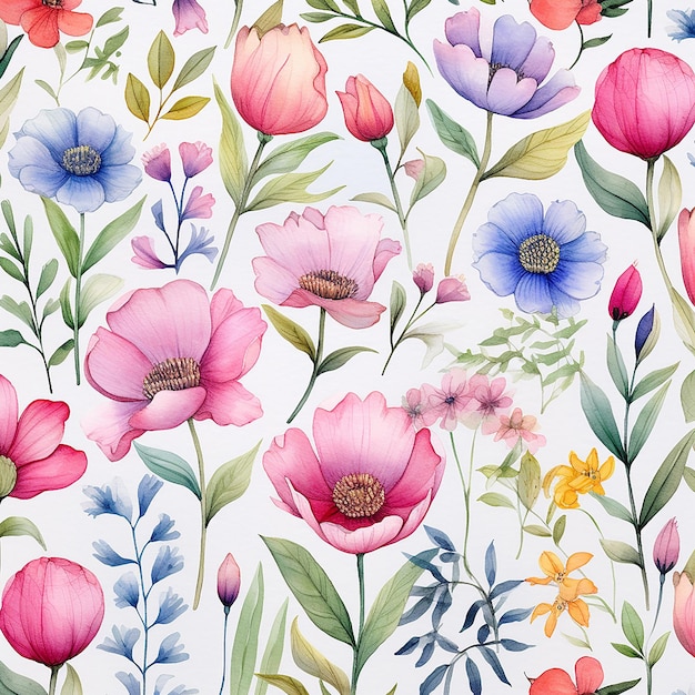 Photo a floral wallpaper with different flowers and leaves