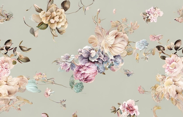 A floral wallpaper with a floral design in pastel colors.