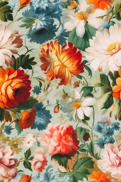 A floral wallpaper with a flower pattern in red, orange, and white.