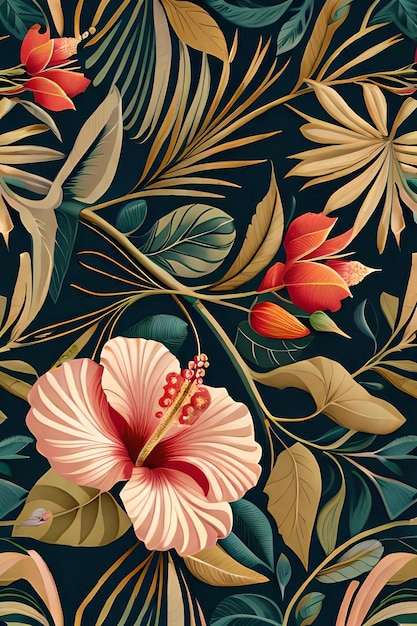 A floral wallpaper with a hibiscus flower and leaves.