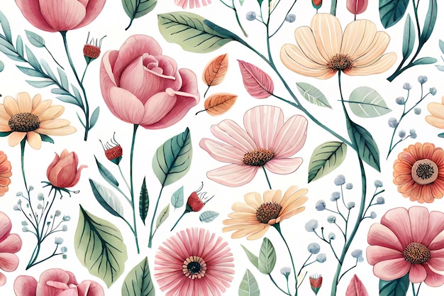 A floral wallpaper with a pink flower and green leaves.