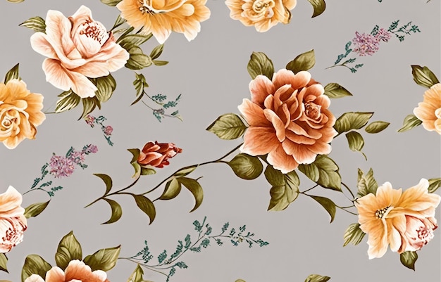 A floral wallpaper with a pink flower on it.