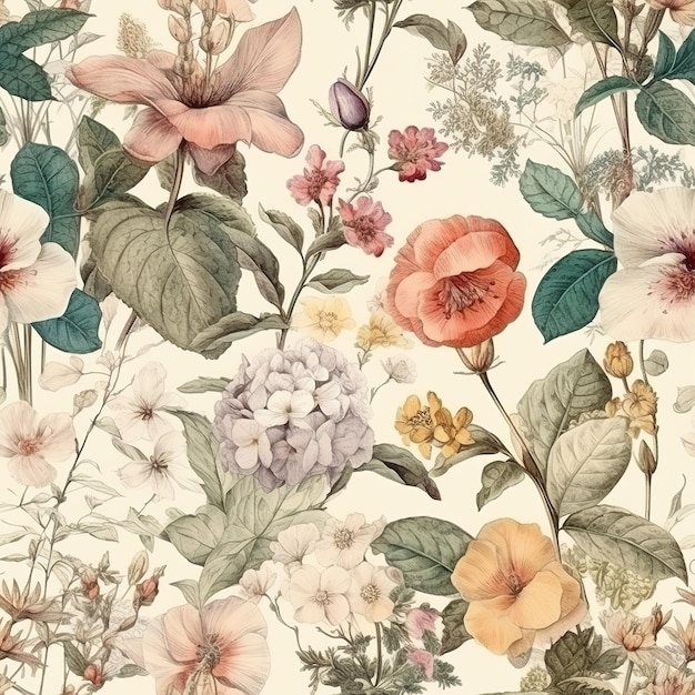 A floral wallpaper with a variety of flowers.