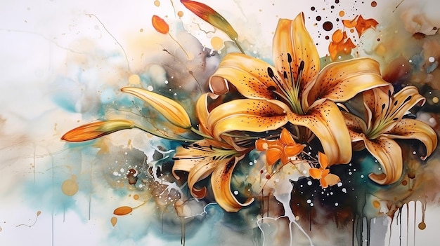 Floral watercolor alcohol golden ink with lily flower Generative AI