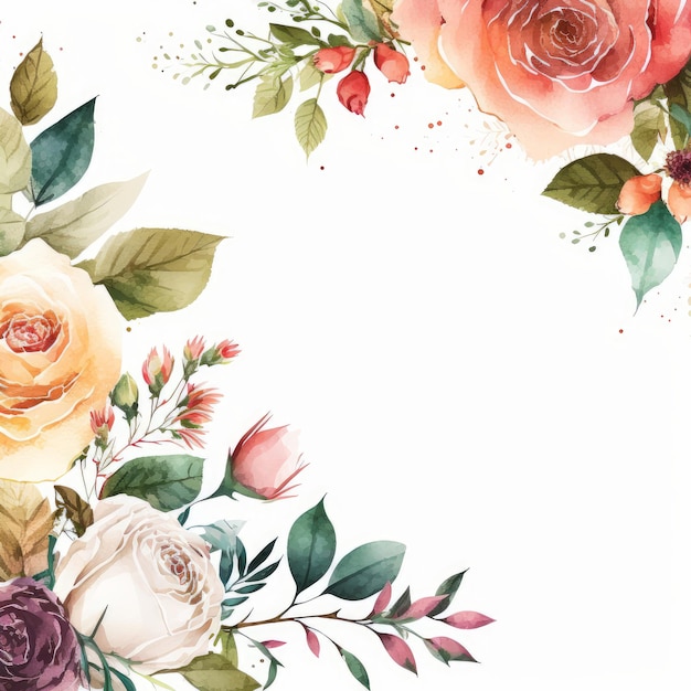 Floral watercolor border background with Roses on pure background Illustration AI Generative