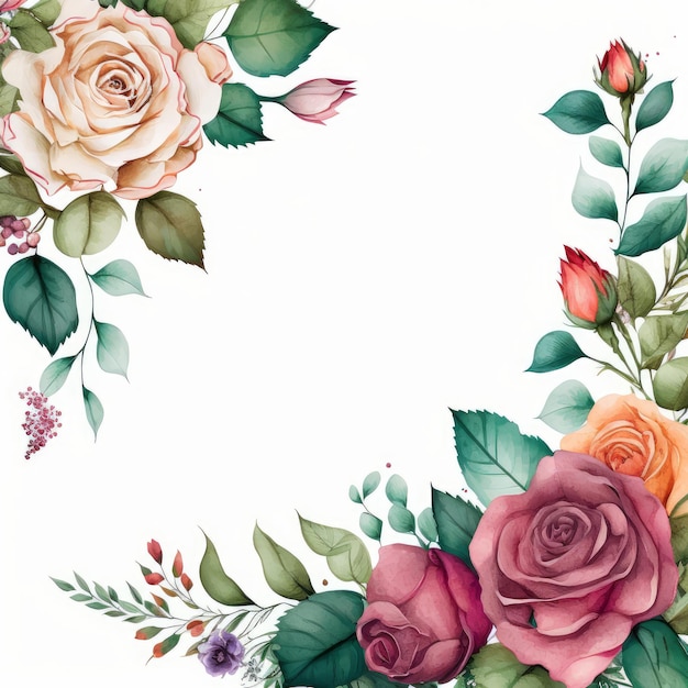 Floral watercolor border background with Roses on pure background Illustration AI Generative