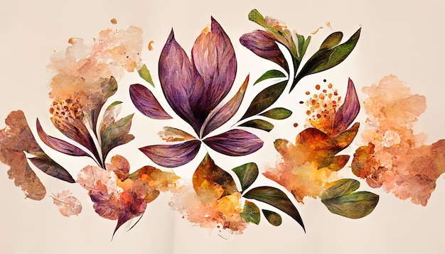 Floral in watercolor flower garden Elegant gold blossom flowers flat vector illustrations Generative Ai