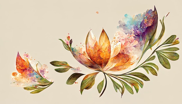 Floral in watercolor flower garden Elegant gold blossom flowers flat vector illustrations Generative Ai