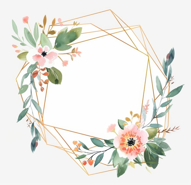 Photo floral watercolor frame with gold geometric lines