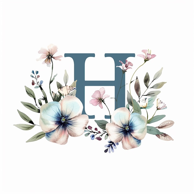 Photo floral watercolor letter h isolated on white background