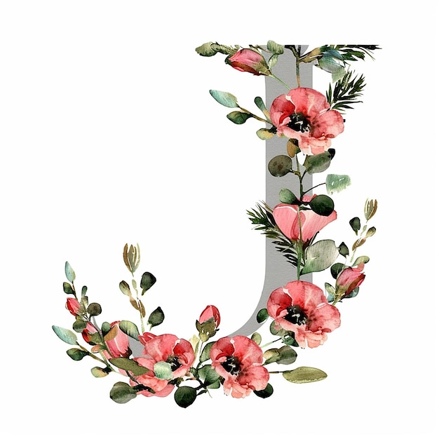 Photo floral watercolor letter j isolated on white background