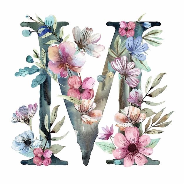 floral watercolor Letter M isolated on white background