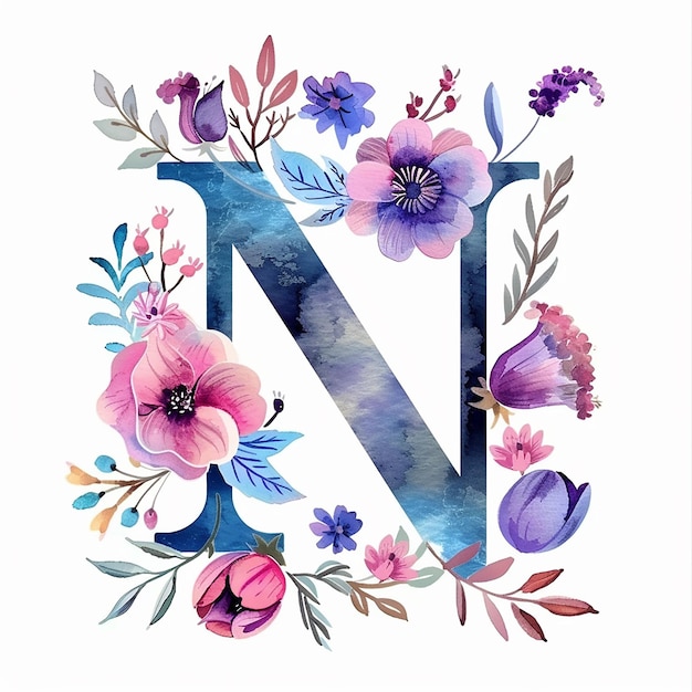 Photo floral watercolor letter n isolated on white background