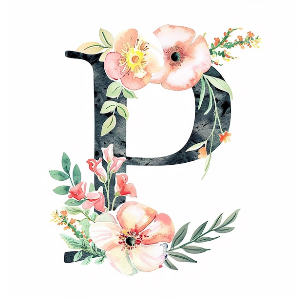 floral watercolor Letter P isolated on white background