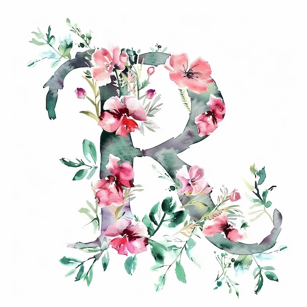 Photo floral watercolor letter r isolated on white background