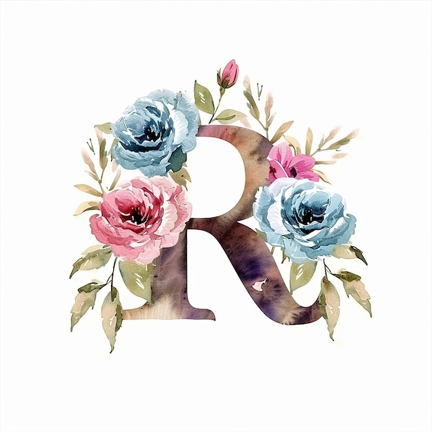 Photo floral watercolor letter r isolated on white background