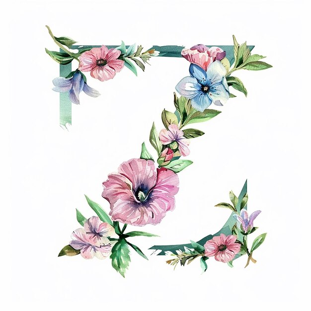 floral watercolor Letter Z isolated on white background