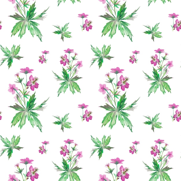 floral watercolor seamless pattern with beautiful field flowers of geranium, hand drawn background