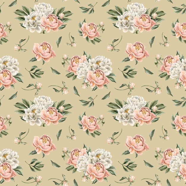 Floral watercolor seamless pattern with white and peach fuzz peony flowers and green leaves on beige