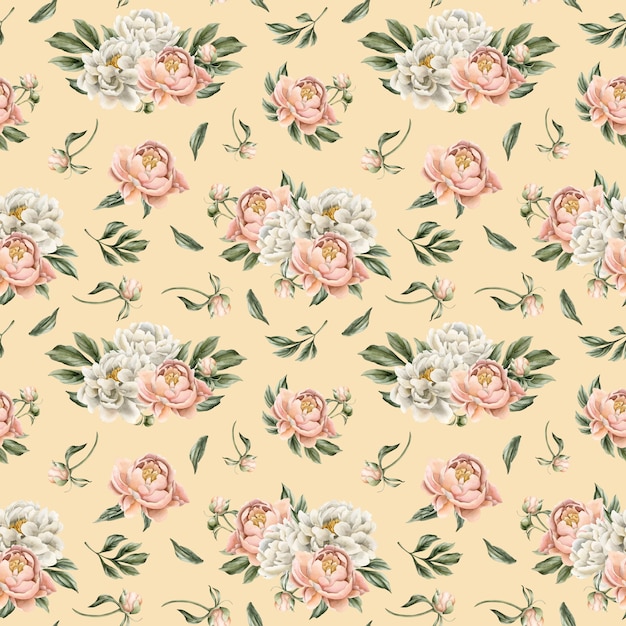 Floral watercolor seamless pattern with white and peach fuzz peony flowers and leaves on light pink