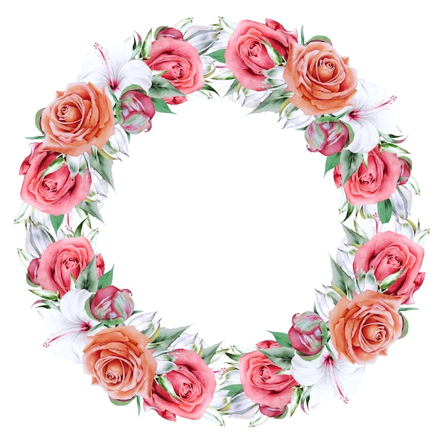 Floral  watercolor wreath with hibiscus  and rose. Illustration. Hand drawn.