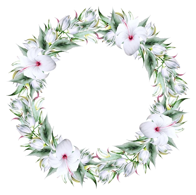 Floral  watercolor wreath with hibiscus  and yucca. Illustration. Hand drawn.