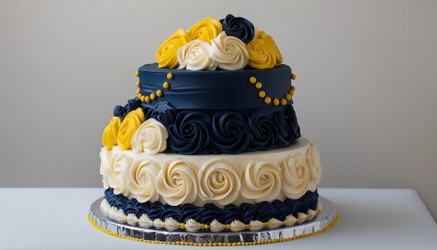 Floral wedding birthday cake Blue white and yellow colors