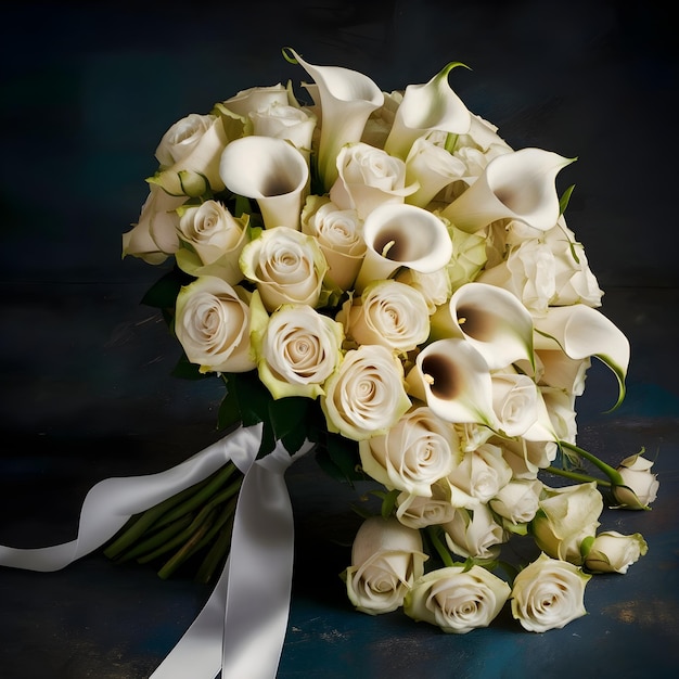 Floral wedding bouquet of white roses and lilies