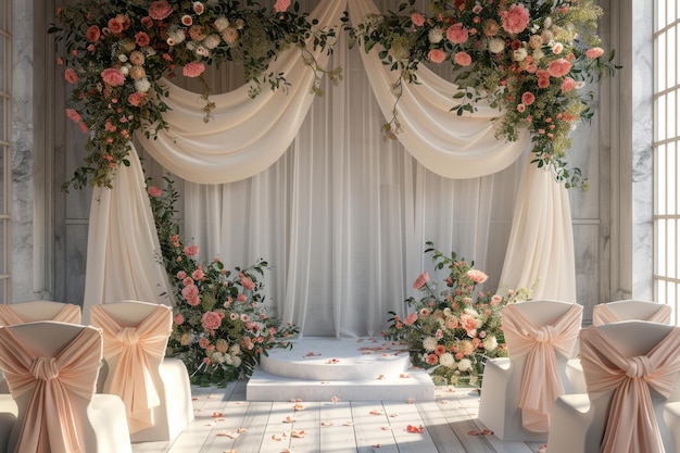 Floral Wedding Ceremony Decor With Sheer Drapes