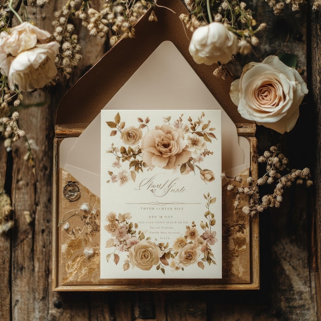 Photo floral wedding invitation on rustic wooden background