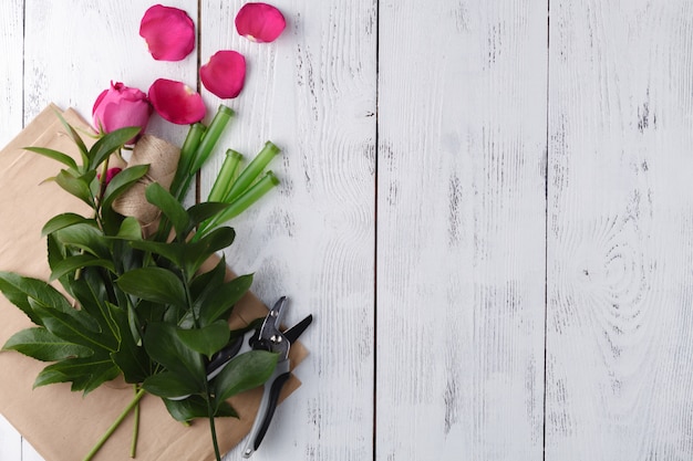 Floral on white wooden table, make flowers decoration