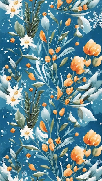 Floral winter watercolor background in blue with beautiful snow