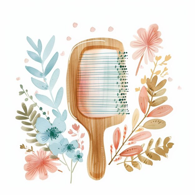 Photo floral wooden hairbrush with pastel flowers and leaves illustration