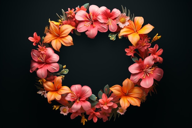 A floral wreath adorned with pink and orange flowers against a dark background