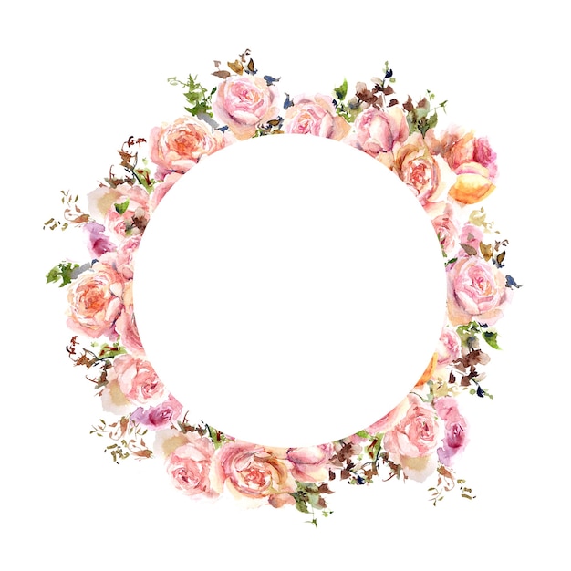 Floral wreath Round floral frame Wedding invitation design Watercolor rose flowers Greeting card