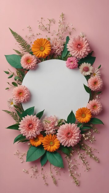 Photo floral wreath surrounding a circular mirror on a light pink background