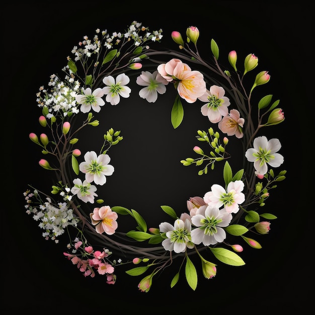 A floral wreath with colorful different flowers and green leaves on black background Generated AI