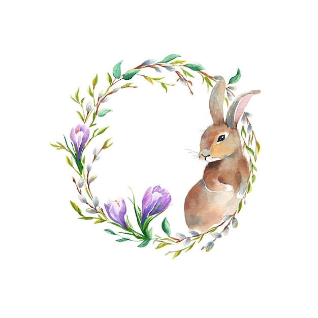 floral wreath with cute bunny isolated on white background watercolor hand painted illustration